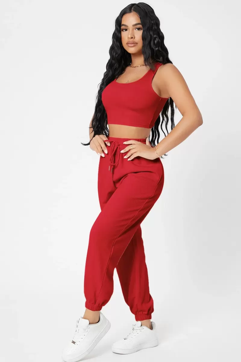Kadın Kırmızı Premium Görünümlü Kaşkorse Cepli Jogger Eşofman Altı ve Crop Top Bluz Takımı
