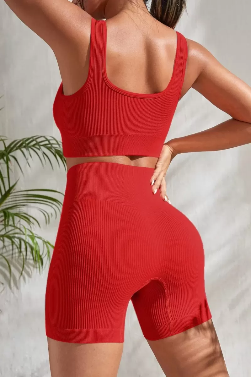 Kadın Kırmızı Kaşkorse Şortlu Crop Atlet Takım Esnek Kumaş Yüksek Bel
