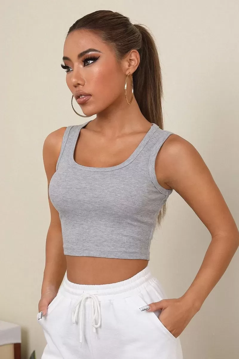 Kadın Gri Modern Fit Kare Yaka Crop Top Bluz