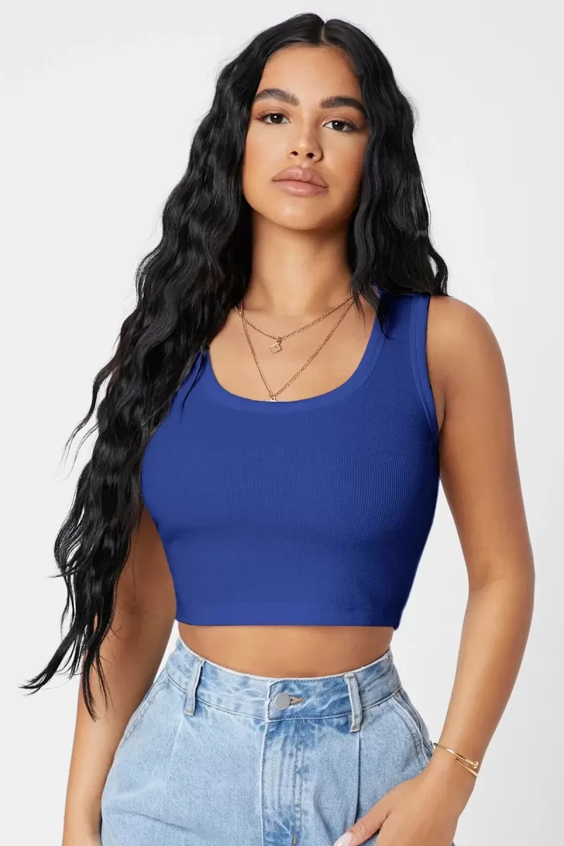 Kadın Lacivert Modern Fit Kare Yaka Crop Top Bluz