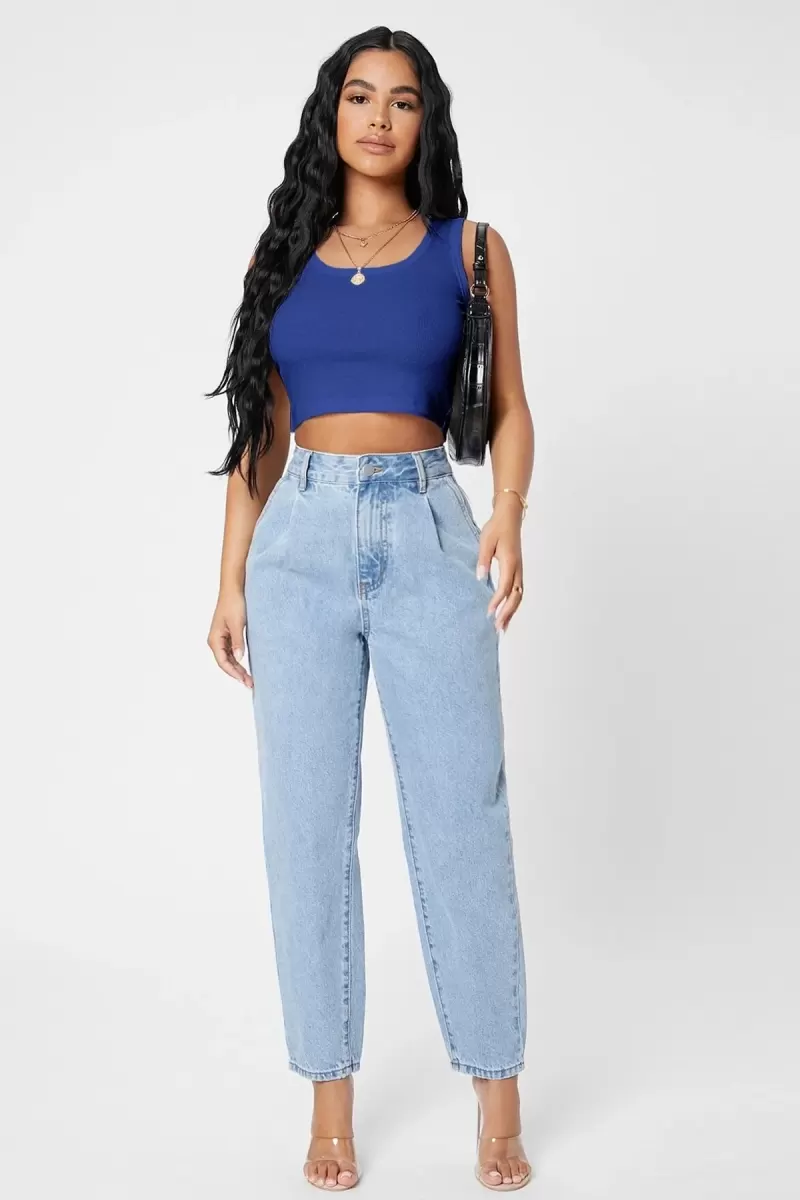 Kadın Lacivert Modern Fit Kare Yaka Crop Top Bluz
