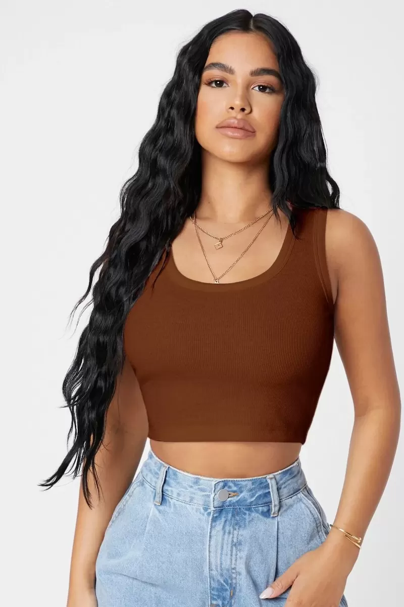 Kadın Kahverengi Modern Fit Kare Yaka Crop Top Bluz