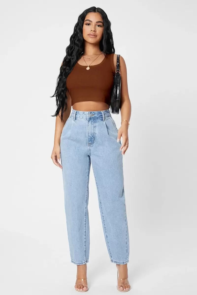 Kadın Kahverengi Modern Fit Kare Yaka Crop Top Bluz