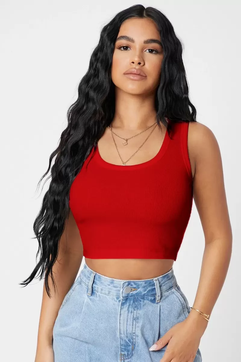 Kadın Kırmızı Modern Fit Kare Yaka Crop Top Bluz