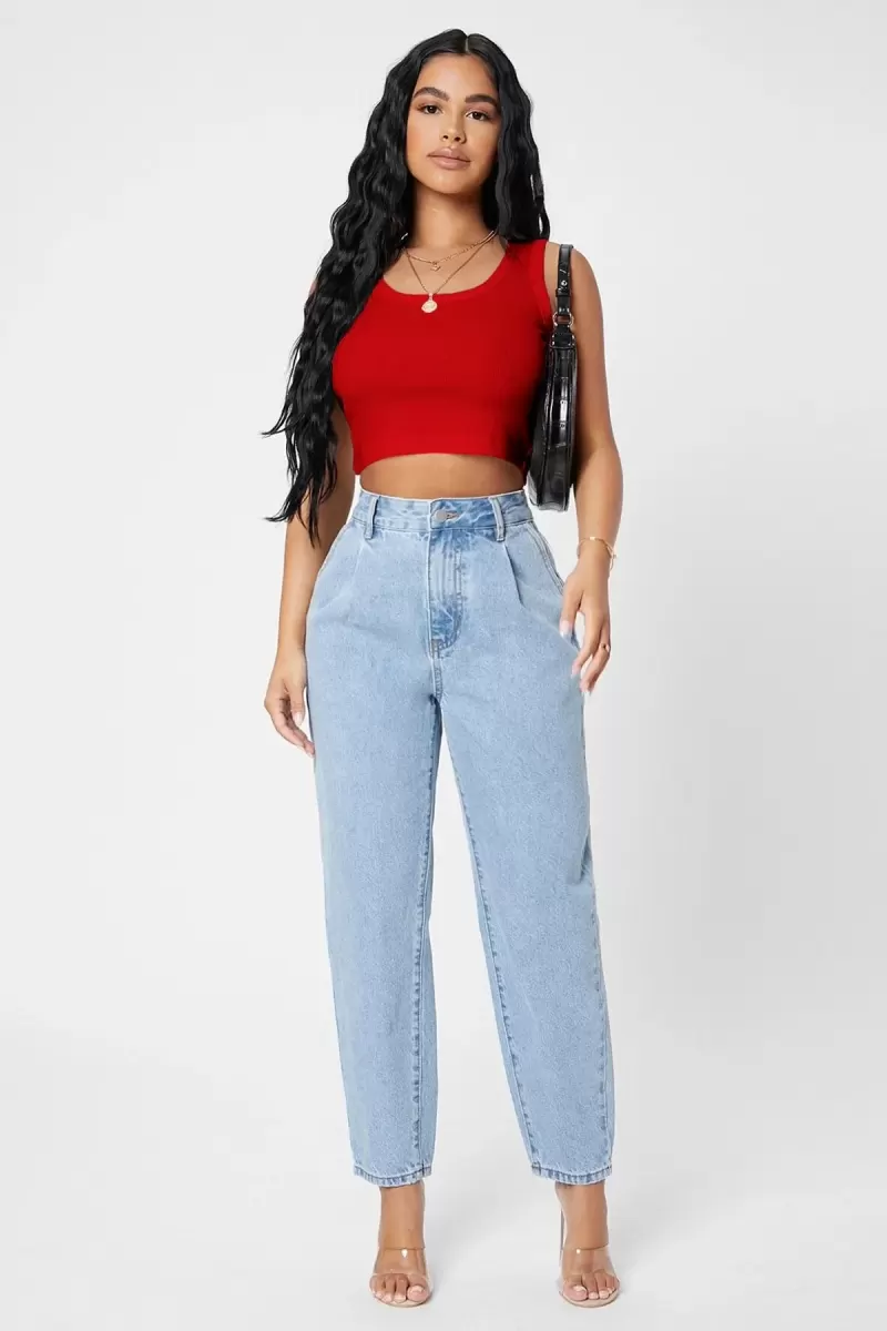 Kadın Kırmızı Modern Fit Kare Yaka Crop Top Bluz