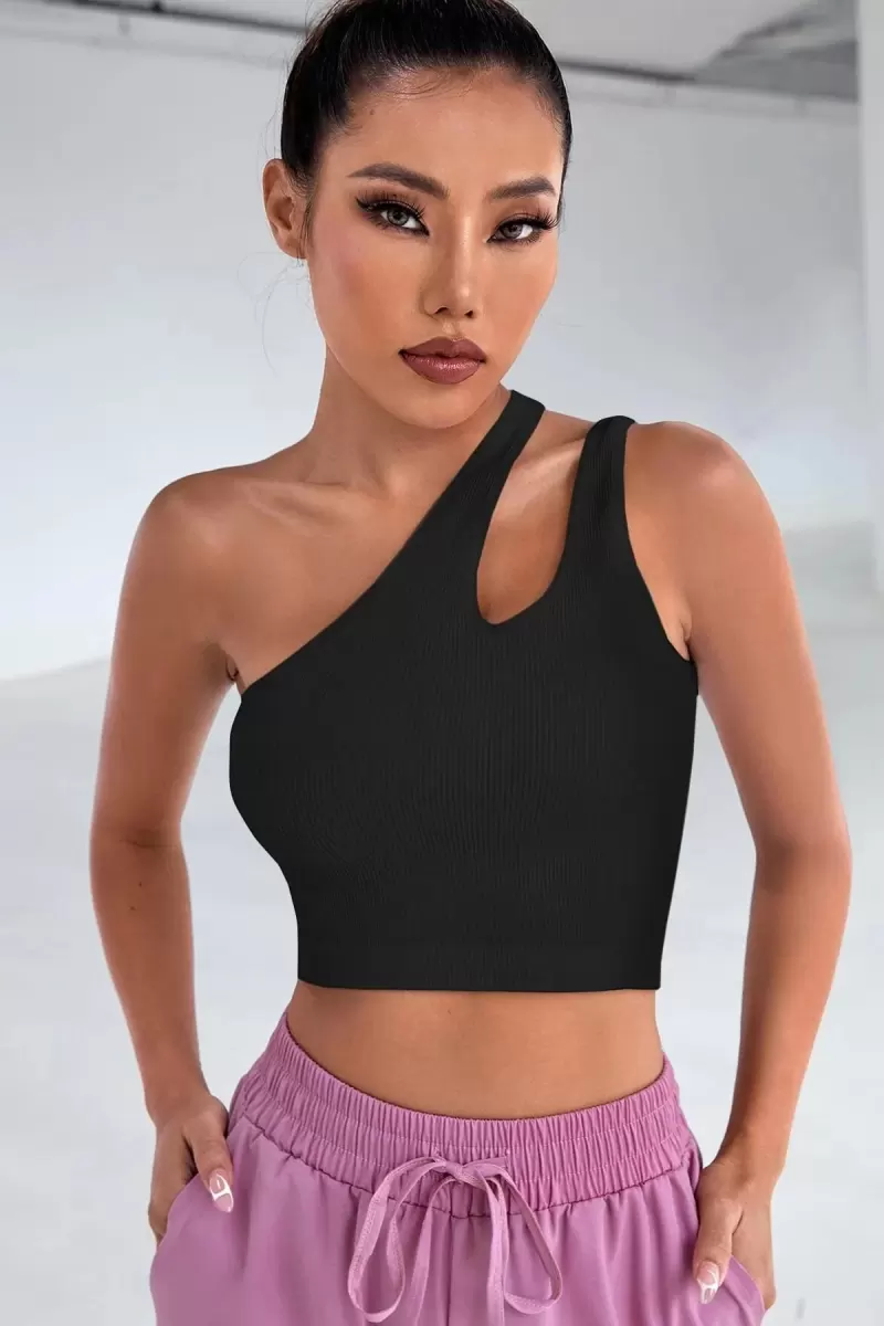 Kadın Siyah Modern Fit Tek Omuz Cut Out Detaylı Crop Top Bluz