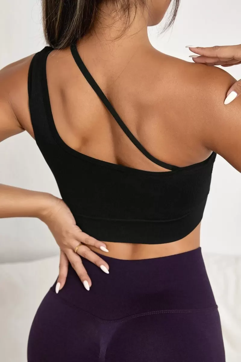 Kadın Siyah Modern Fit Tek Omuzlu Çapraz Askılı Crop Top Büstiyer