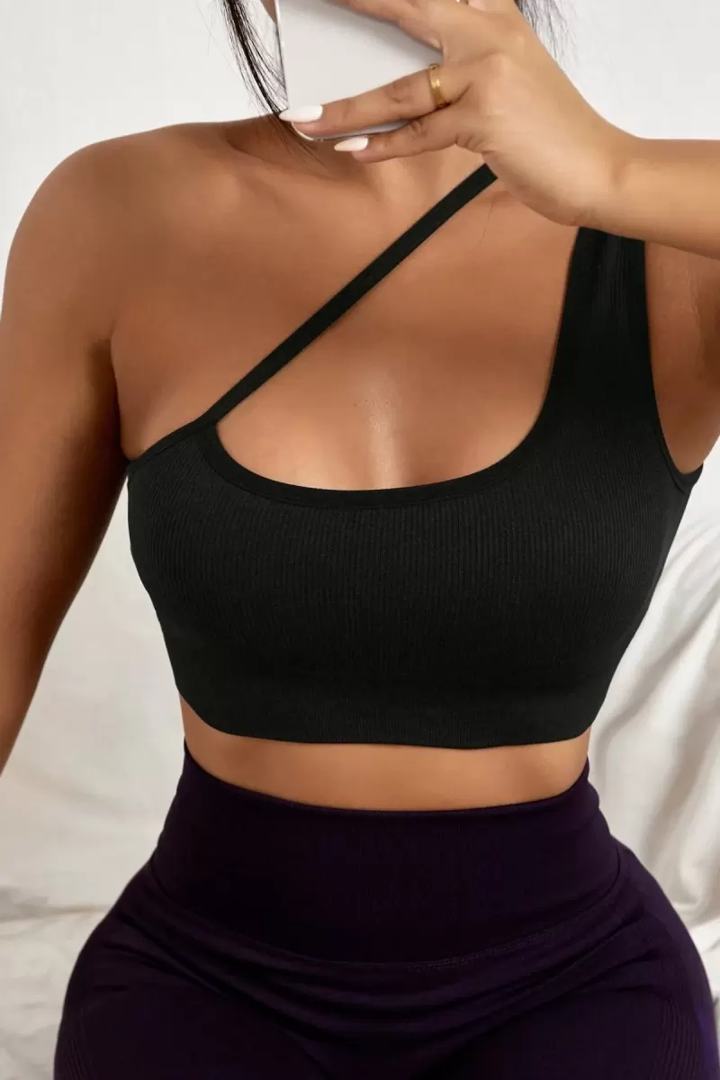 Kadın Siyah Modern Fit Tek Omuzlu Çapraz Askılı Crop Top Büstiyer
