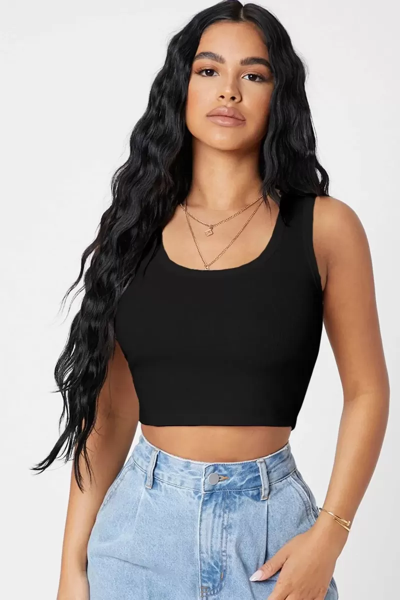 Kadın Siyah Modern Fit Kare Yaka Crop Top Bluz