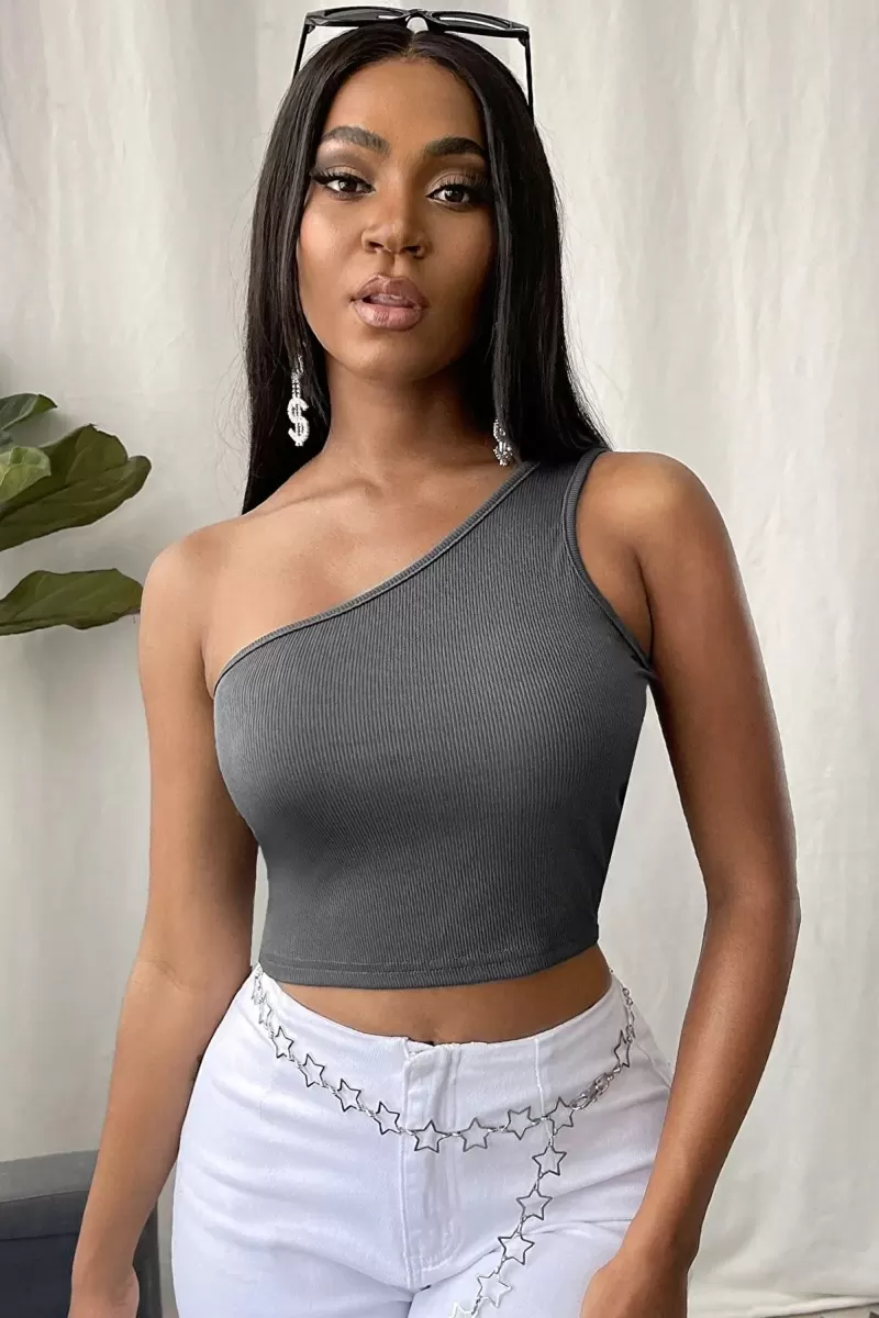 Kadın Koyu Gri Fit Görünümlü Tek Omuz Crop Top Büstiyer