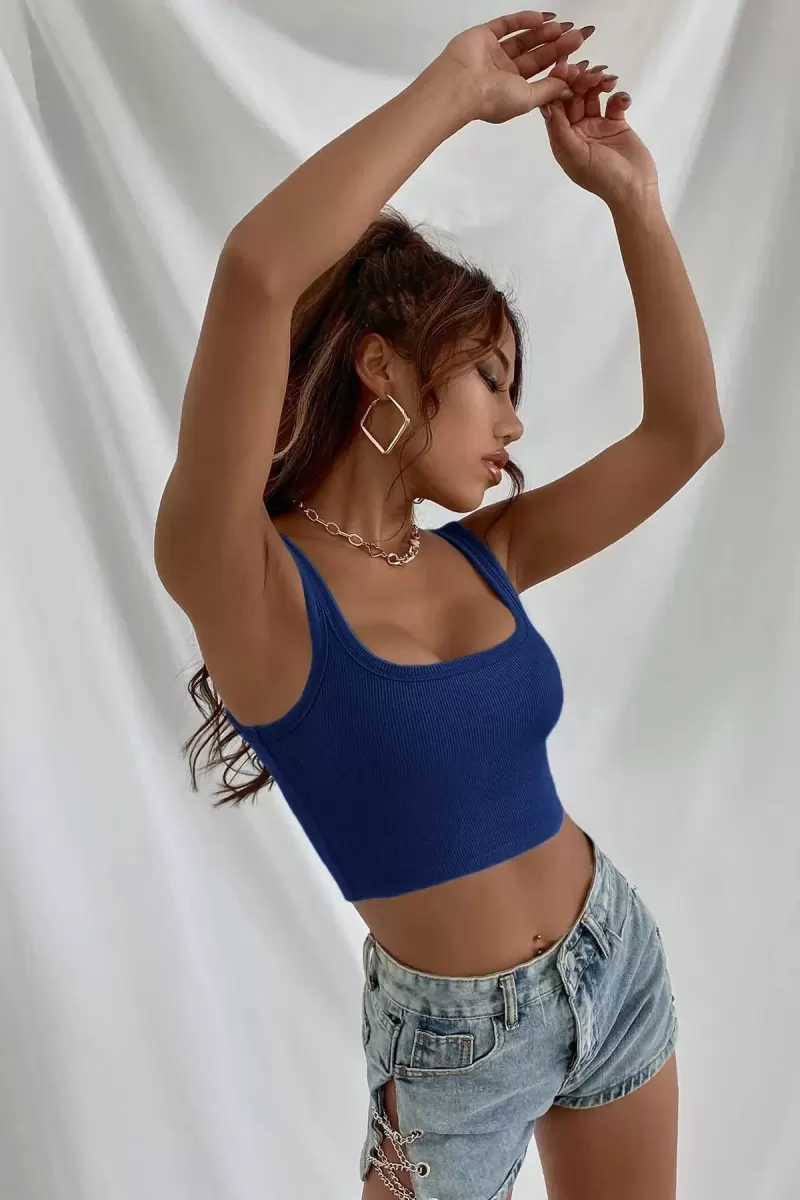 Kadın Lacivert Kalın Askılı Crop Top Büstiyer Esnek Kumaş Şık Basic Kadın Üst Giyim