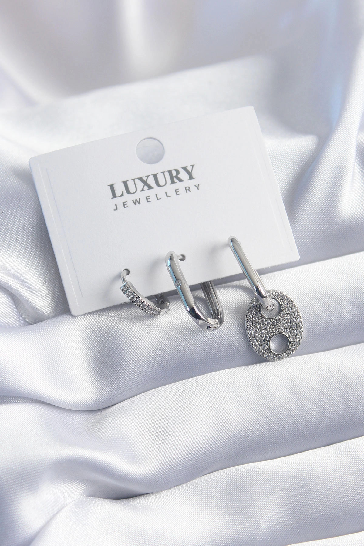 Pirinç Gümüş Renk Zirkon Taşlı 3'lü Kadın Küpe Seti