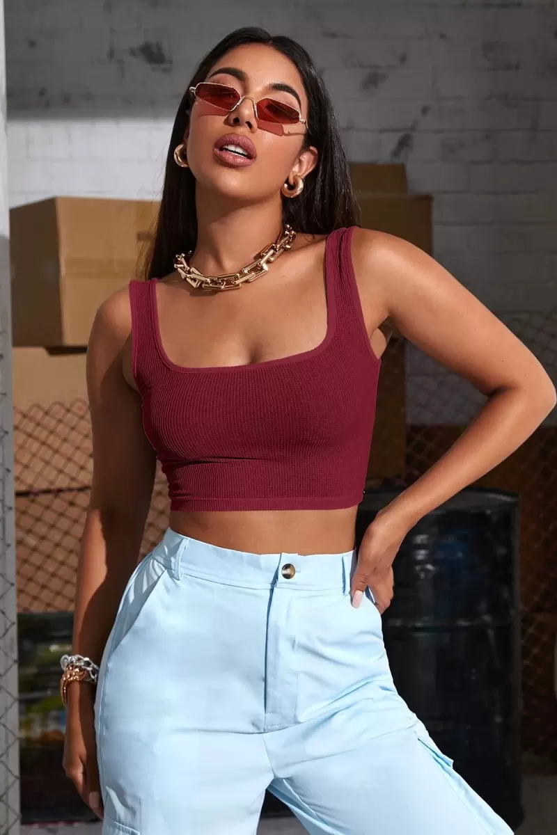 Kadın Bordo Kalın Askılı Crop Top Büstiyer Esnek Kumaş Şık Basic Kadın Üst Giyim