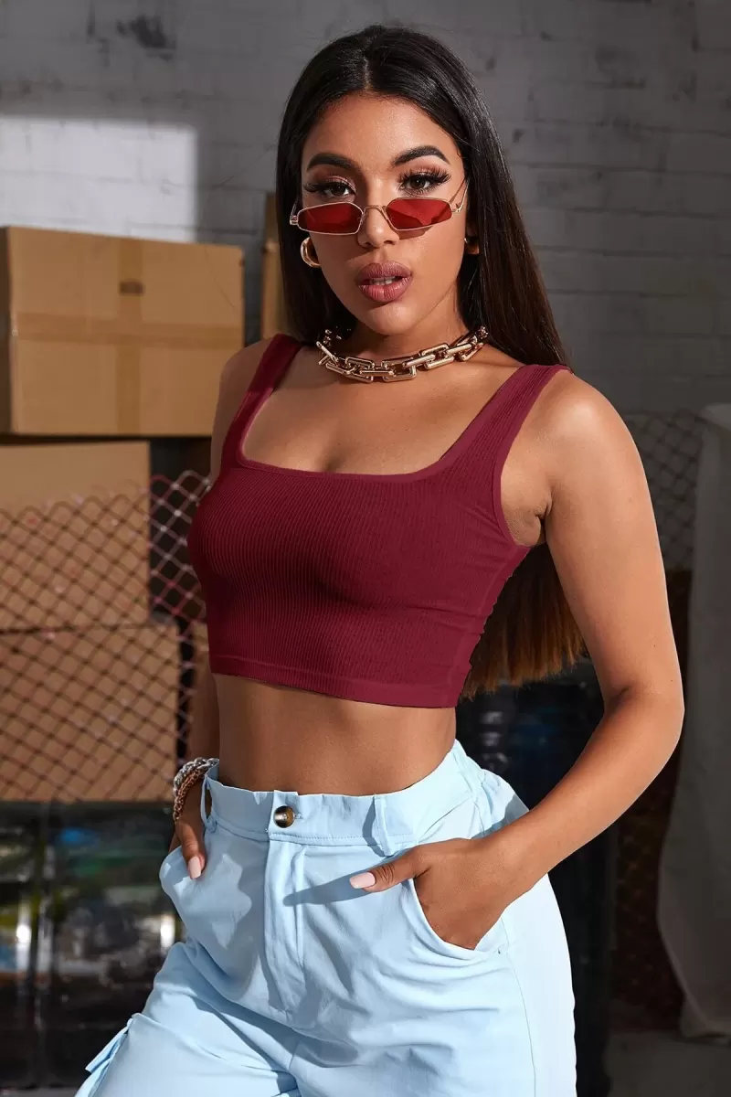 Kadın Bordo Kalın Askılı Crop Top Büstiyer Esnek Kumaş Şık Basic Kadın Üst Giyim