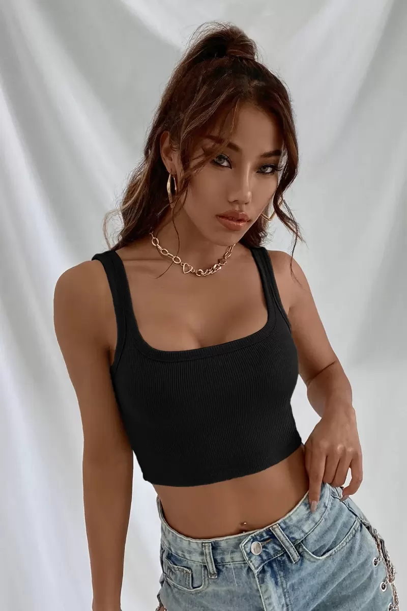 Kadın Siyah Kalın Askılı Crop Top Büstiyer Esnek Kumaş Şık Basic Kadın Üst Giyim