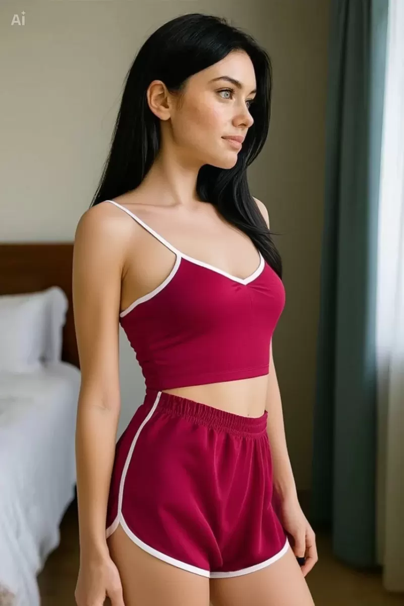 Bordo Crop Atlet ve Şortlu Gecelik Takım Askılı Esnek Kumaş Rahat Kadın Ev Giyim Seti