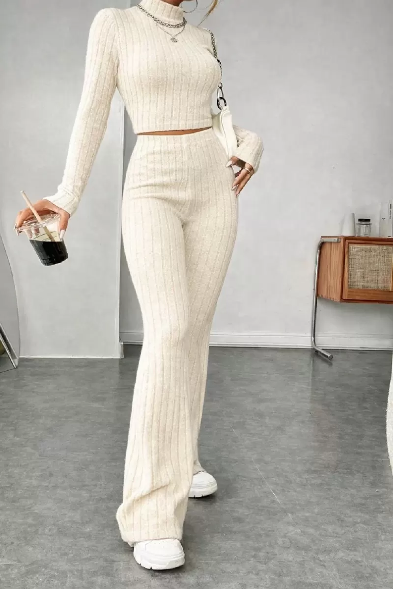 Kadın Ekru Fitilli Crop Uzun Kollu Üst Paça Pantolon Eşofman Takımı Şık 2’li Set