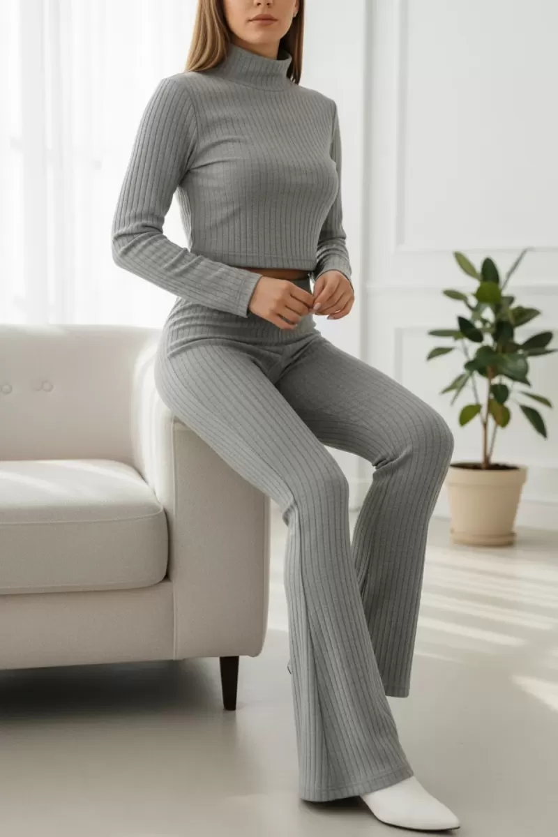 Kadın Gri Fitilli Boğazlı Crop Üst İspanyol Paça Pantolon Eşofman Takımı Esnek 2’li Set
