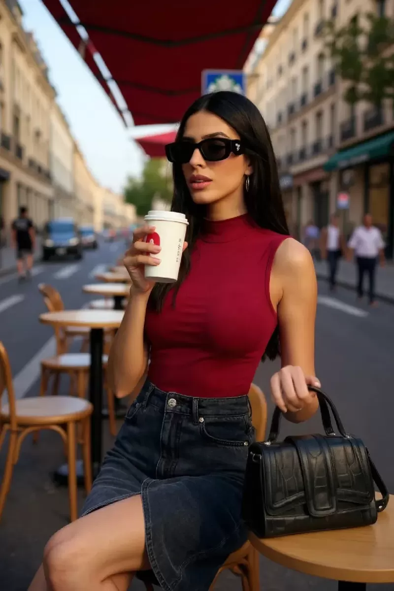 Kadın Bordo Modern Fit Kolsuz Balıkçı Yaka Basic Bluz