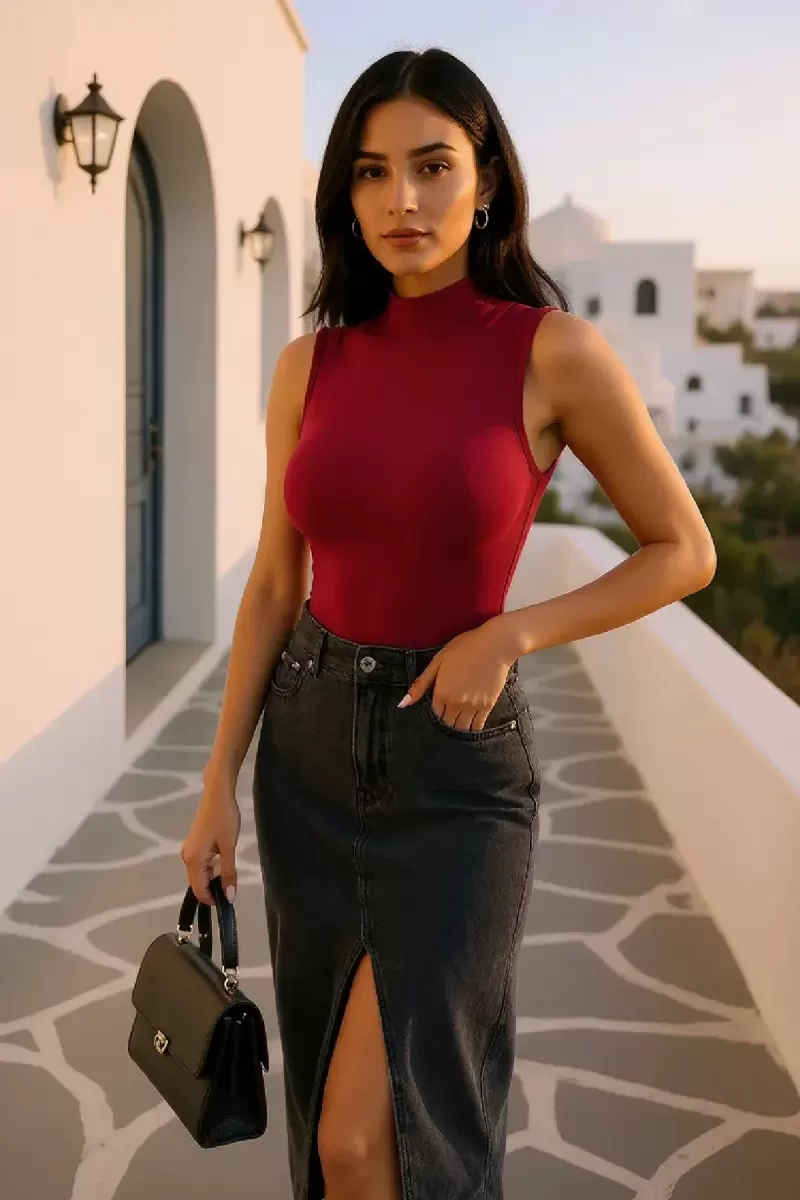 Kadın Bordo Modern Fit Kolsuz Balıkçı Yaka Basic Bluz