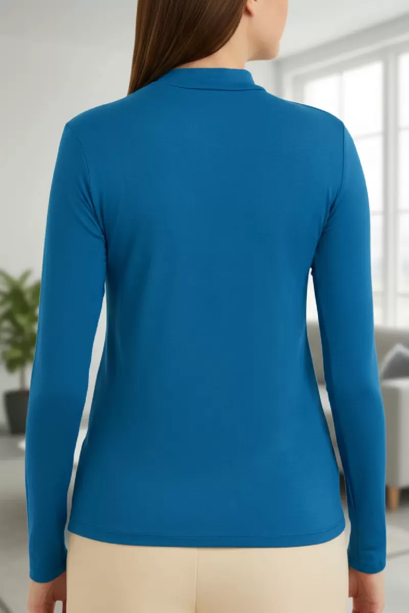 Kadın Mavi Parmak Geçmeli Uzun Kollu Body Esnek Fit Bluz