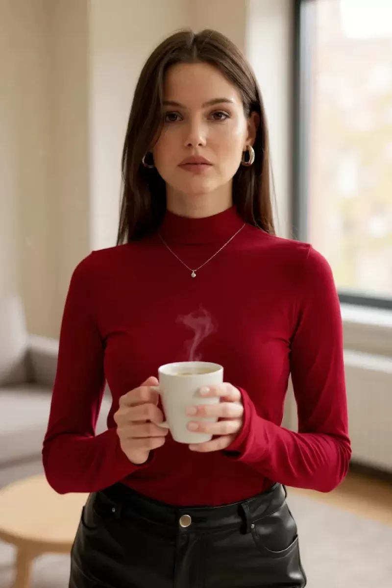 Kadın Bordo Parmak Geçmeli Uzun Kollu Body Esnek Fit Bluz