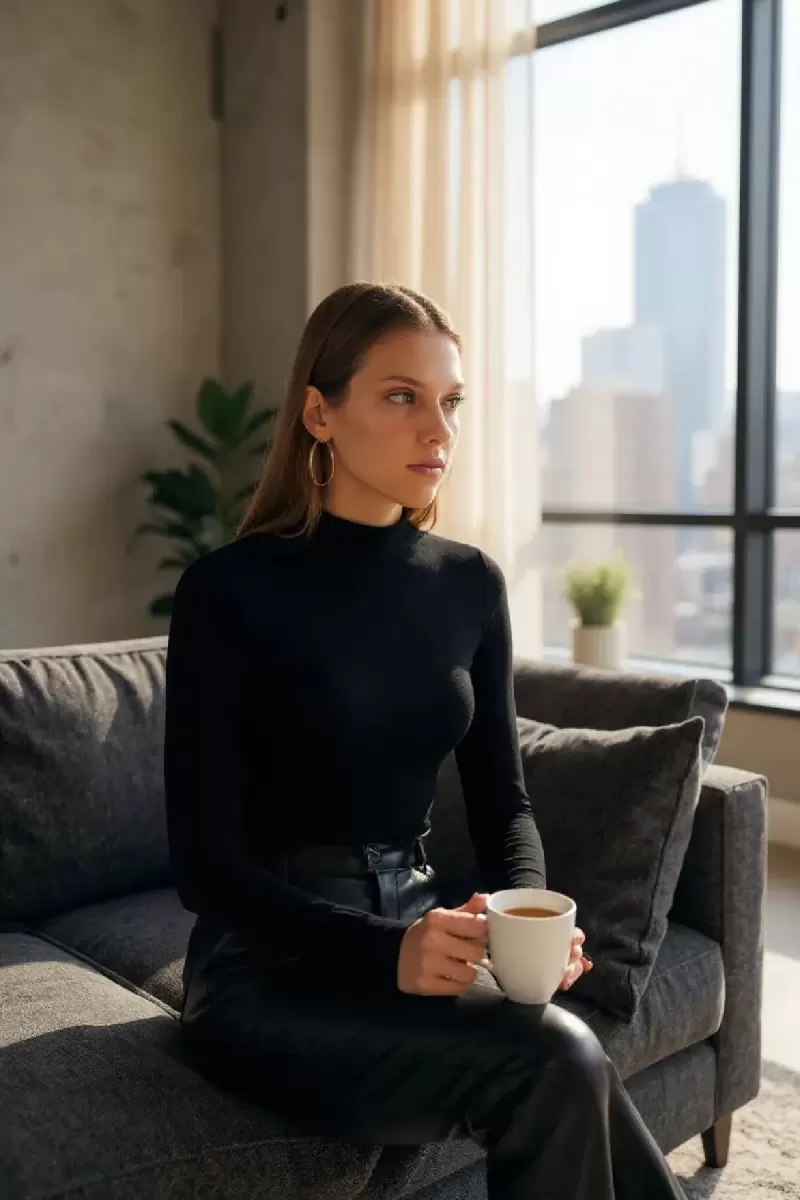 Kadın Siyah Parmak Geçmeli Uzun Kollu Body Esnek Fit Bluz