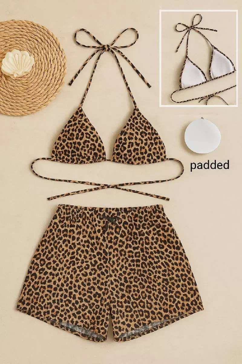Leopar Desenli Şortlu Bağlamalı Bikini Takımı Üçgen Kesim Ayarlanabilir Esnek Kumaş Kadın Mayo Seti