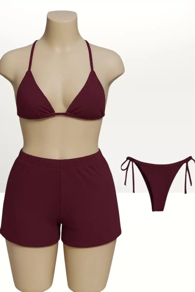 Bordo 3’lü Bikini Takımı Şortlu Yandan Bağlamalı Üçgen Üst Esnek Kadın Mayo