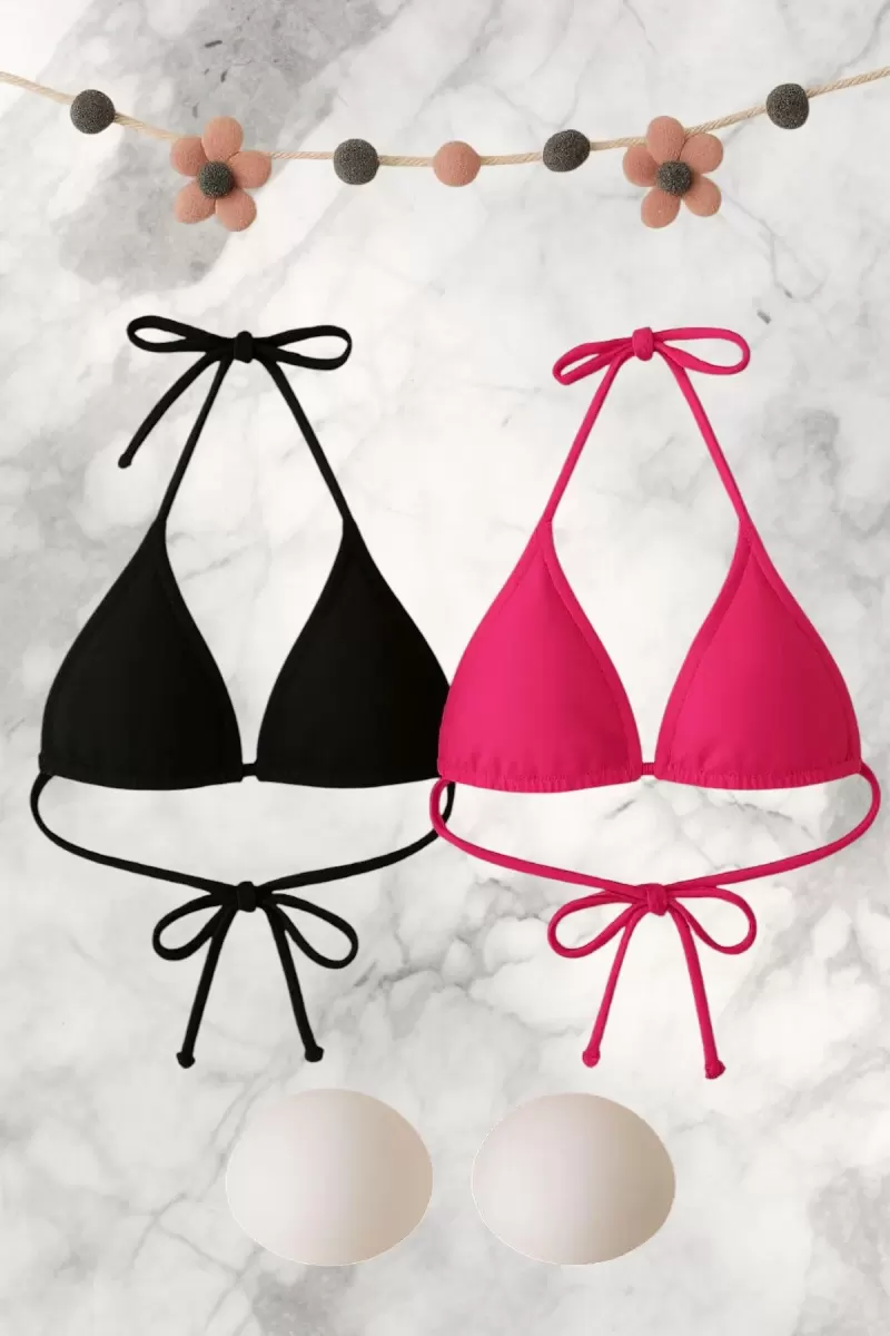 Siyah ve Fuşya Detaylı Üçgen Bikini Üstü Bağlamalı Kadın Mayo Üstü 2'li