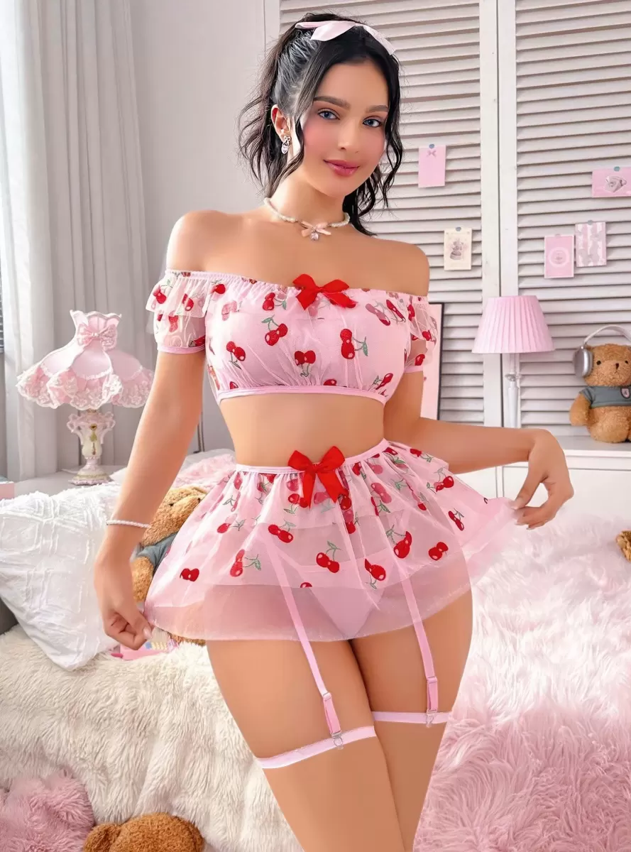 Kadın Pembe Kiraz Desenli ve Fiyonk Detaylı Fantezi Kostüm 2263