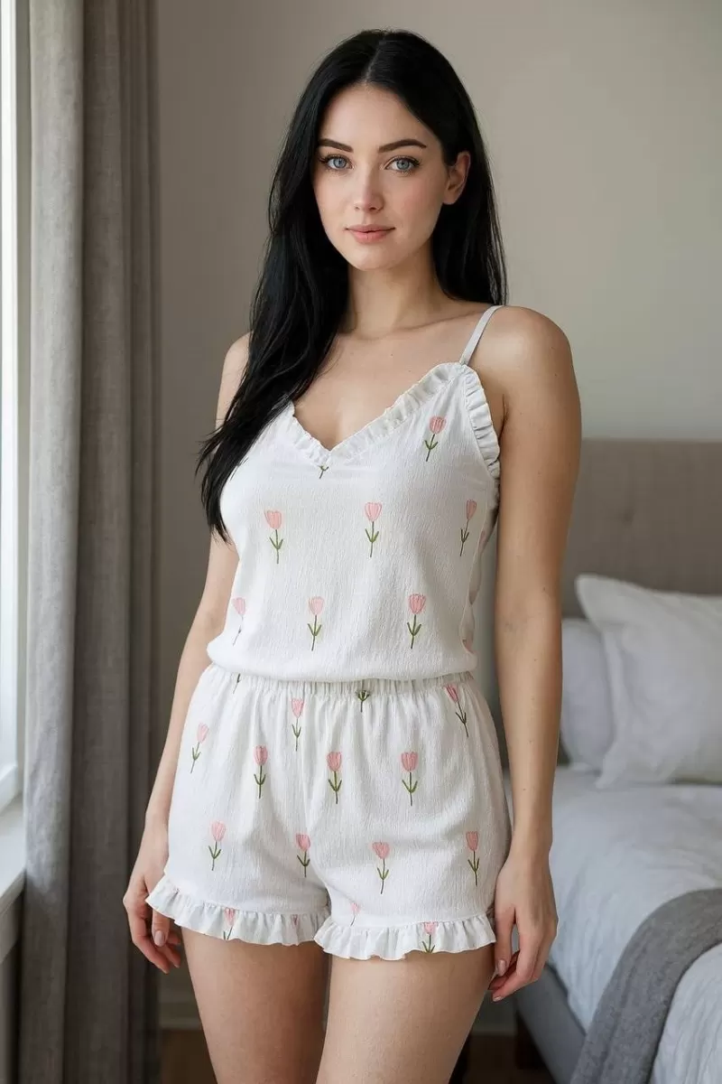 Şık Tasarım Beyaz Üstüne Çiçek Desenli Askılı Şortlu Pijama Takımı