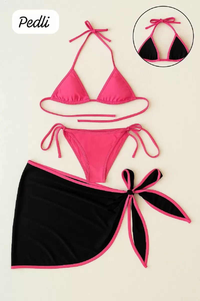 Kadın Fuşya Siyah 3’lü Pareolu Bikini Takımı