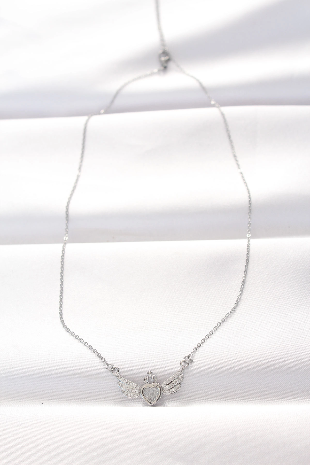 316L Çelik Silver Renk Zirkon Taşlı Kalpli Kanat Kolye