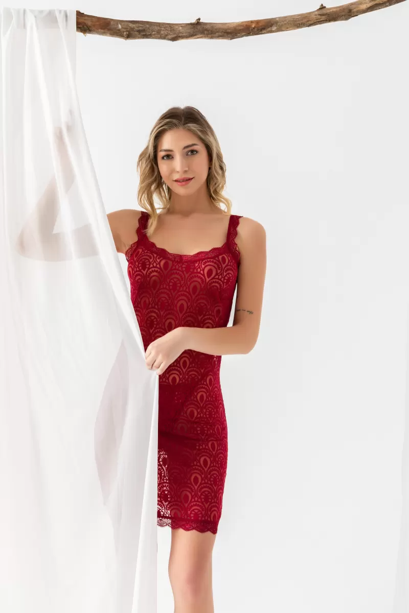 DEVORE TRANSPARAN BABYDOLL STRİNG TAKIM BORDO
