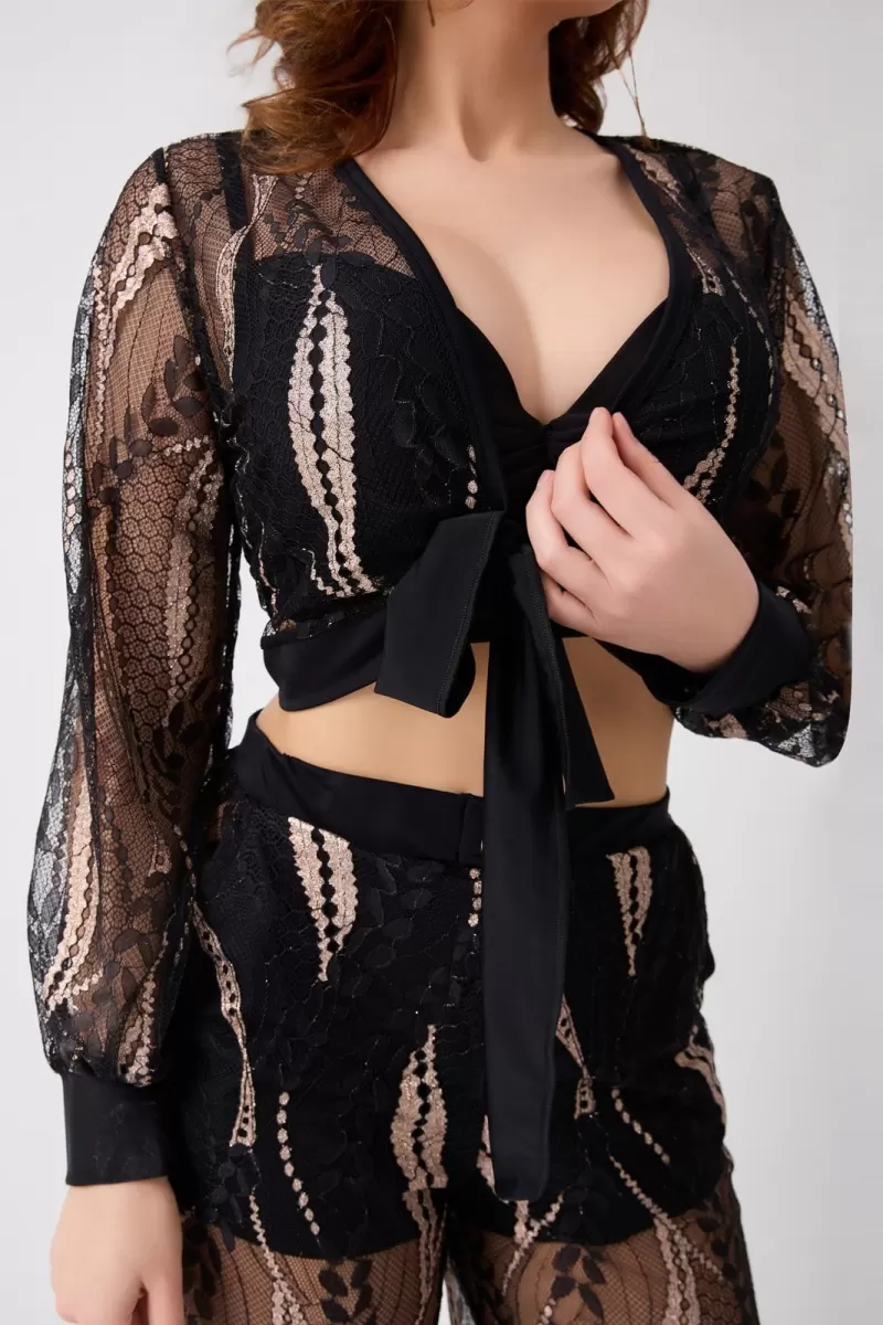 BRALET SÜTYEN TRANSPARAN GÖMLEK VE PANTOLON TAKIM SİYAH