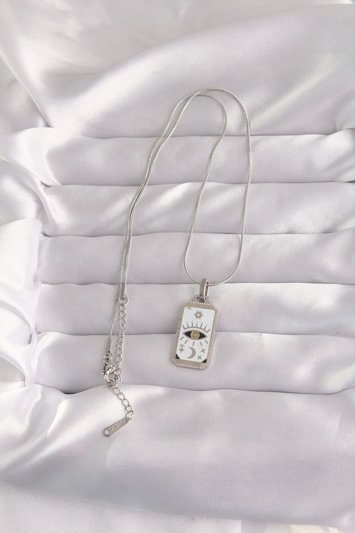 316L Çelik Gümüş Renk Beyaz Mineli Göz Figür Tarot Kolye