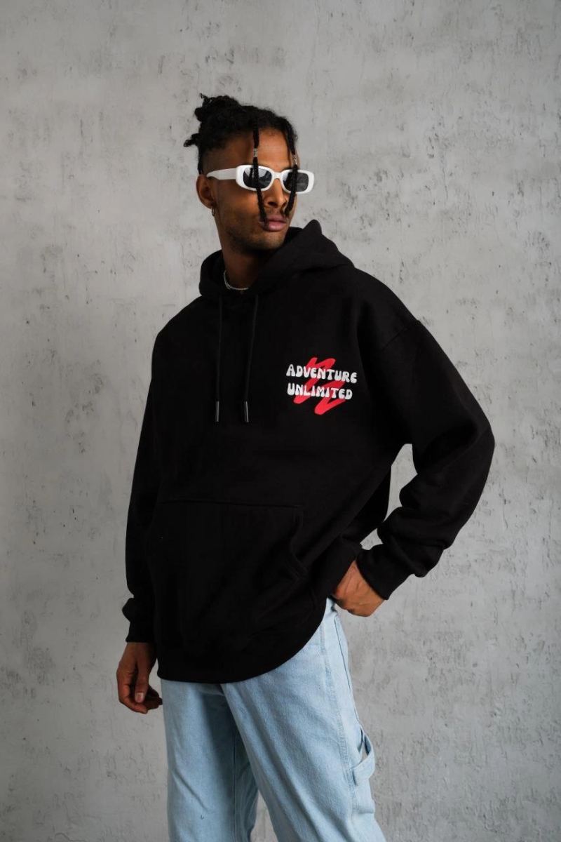 Erkek 3 İplik Pamuklu Kapüşonlu Baskılı Cepli Oversize Sweatshirt Hoodie - Siyah
