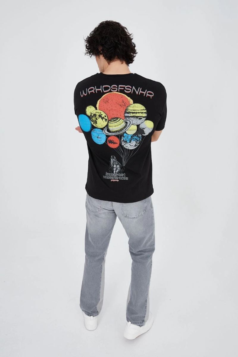 Erkek Baskılı T-Shirt Kısa Kol Bisiklet Yaka Regular Fit Rahat Kalıp Günlük Tişört - Siyah