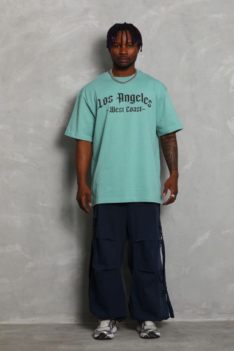 Erkek Kısa Kol Tişört Bisiklet Yaka KANAT Baskılı Oversize T-Shirt - Mint Yeşili