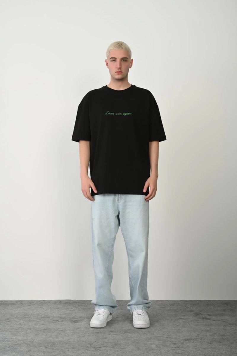 Erkek Baskılı T-Shirt Kısa Kol Bisiklet Yaka Rahat Kalıp Tişört  - Siyah