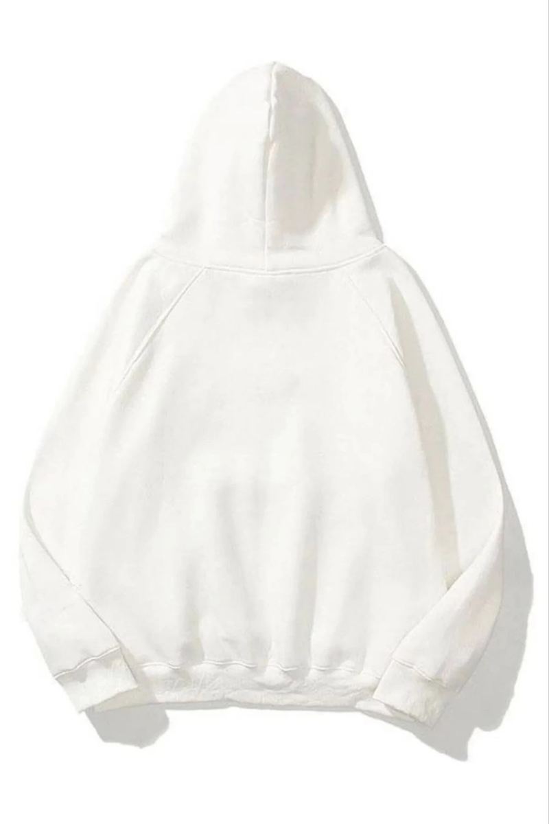 Kadın Kapüşonlu Kanguru Cepli 3 İplik Pamuklu Düz Hoodie Sweatshirt - Beyaz