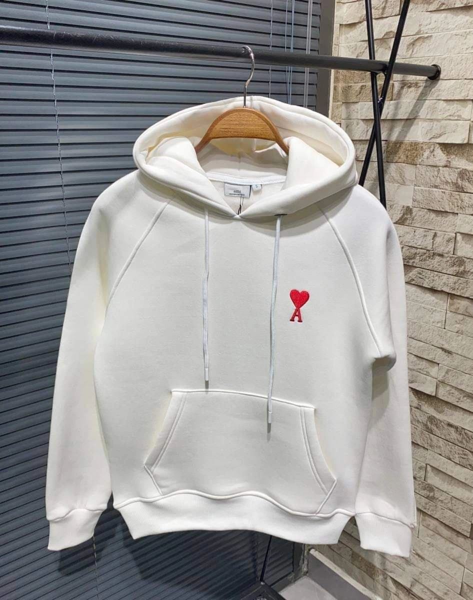 Kadın Oversize Kapüşonlu Cepli KALP Baskılı 3 İplik Pamuklu Hoodie Sweatshirt - Beyaz