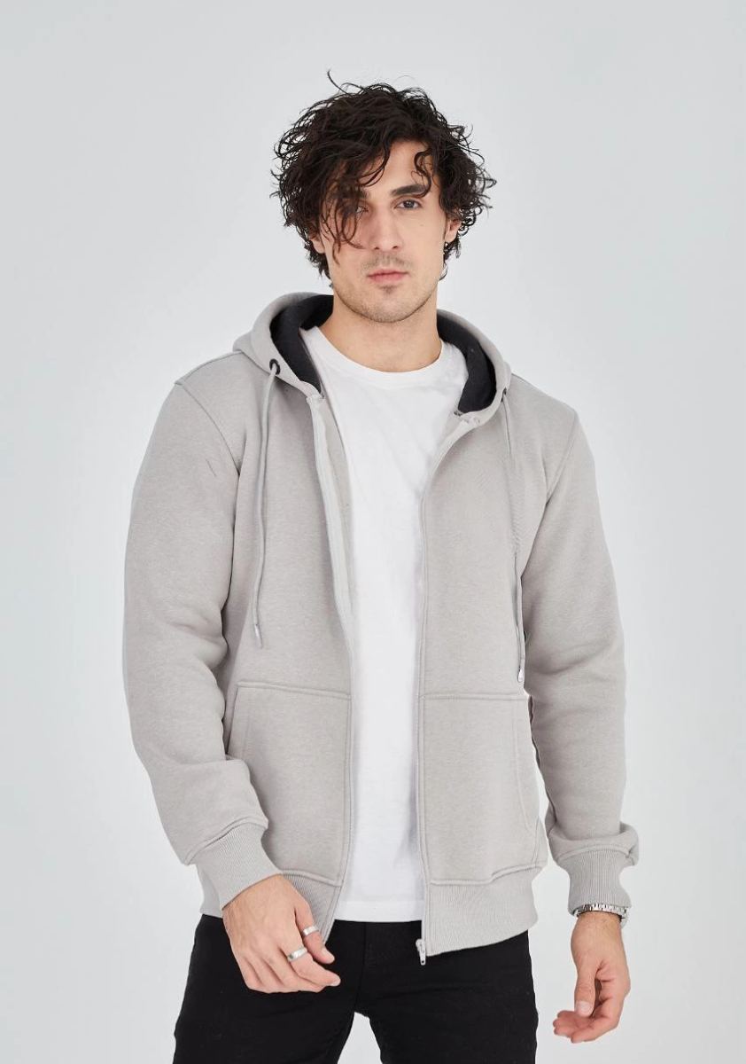 Erkek 3 İplik Pamuklu Kapüşonlu Tam Fermuarlı Cepli Hoodie Sweatshirt - Boyalı Gri