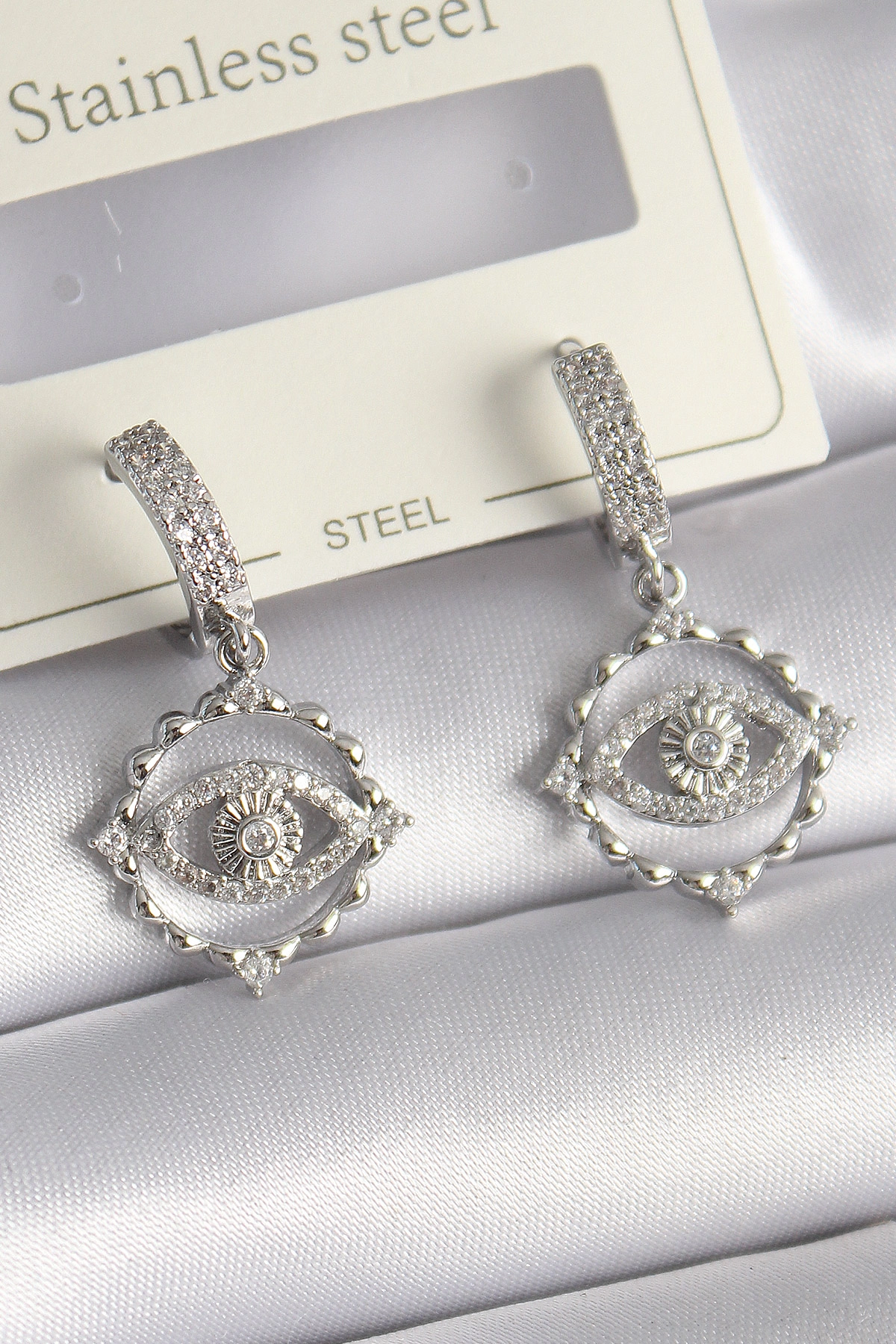 Pirinç Gümüş Renk Zirkon Taşlı Göz Model Kadın Küpe