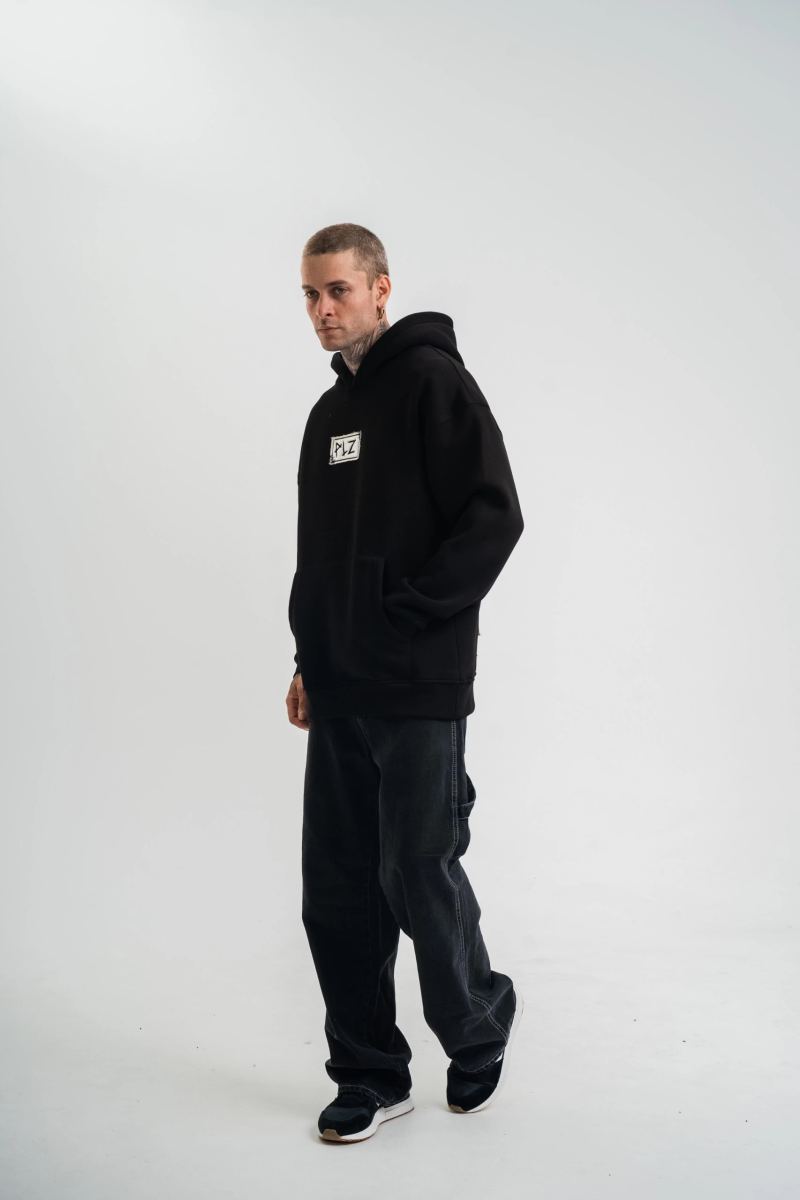 ERKEK 3 İplik Pamuklu Kapüşonlu Patchli Nakışlı Hoodie SweatShirt - Siyah