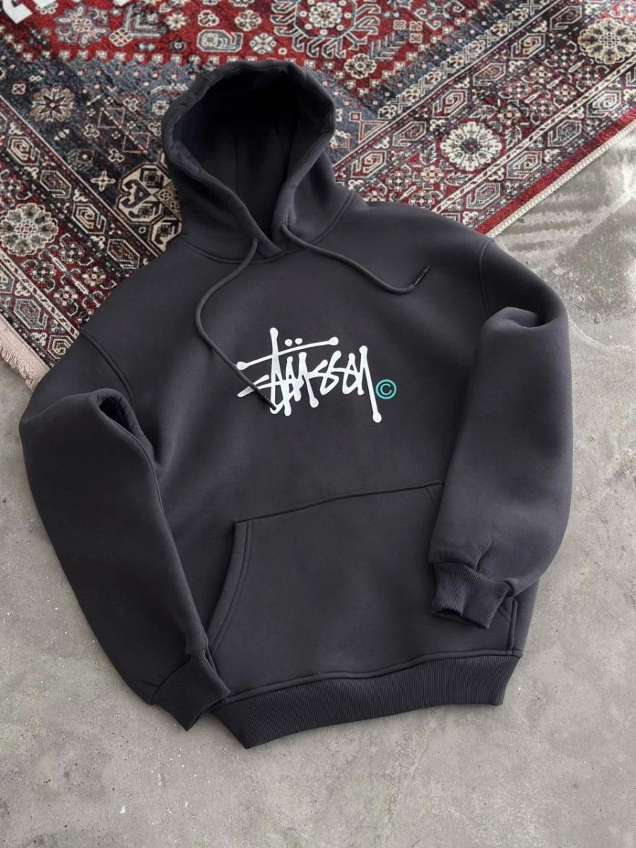 Kadın Oversize Kapüşonlu Cepli Baskılı 3 İplik Pamuklu Hoodie Sweatshirt - Füme