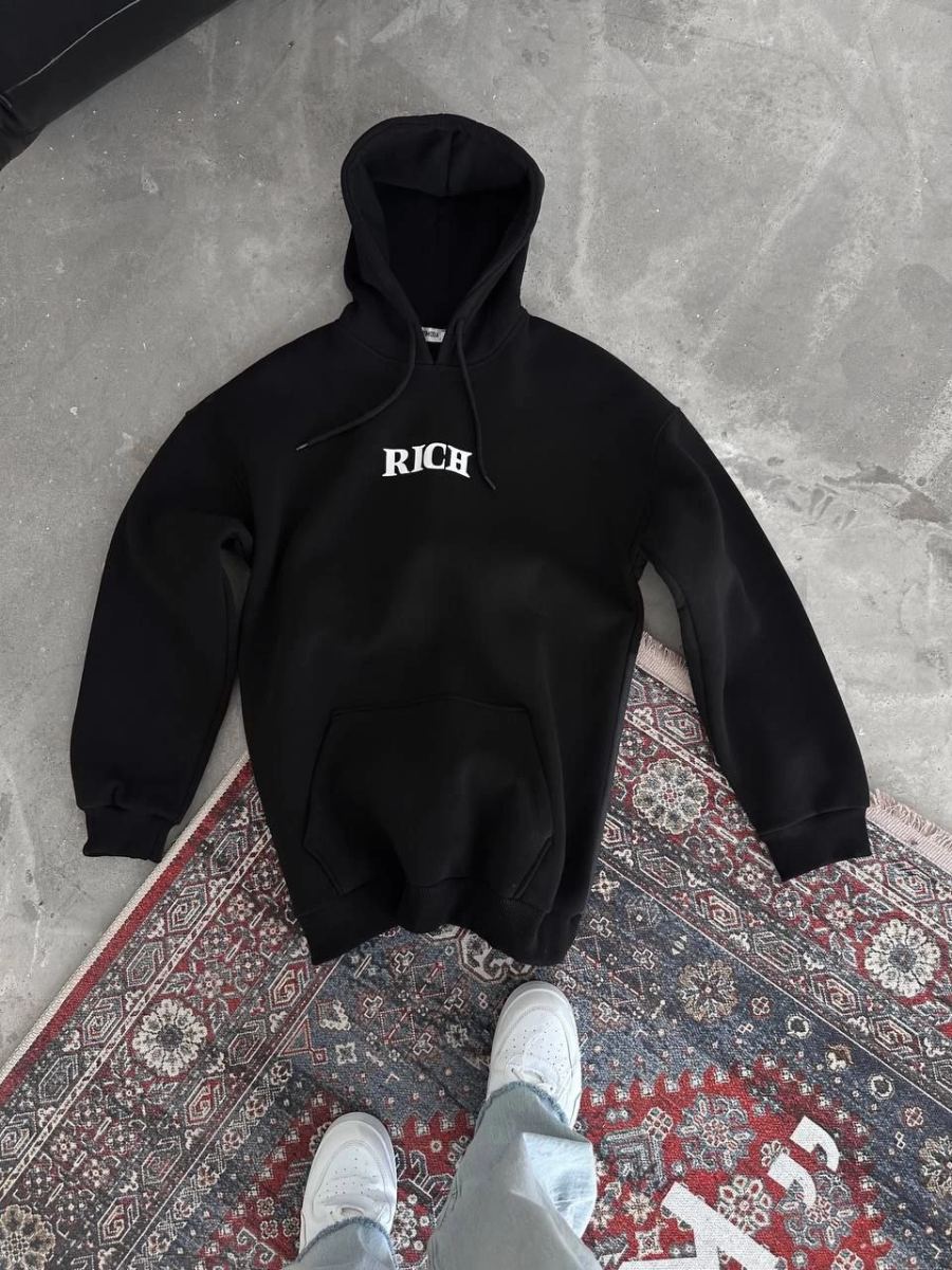 Erkek Kapüşonlu Kanguru Cepli Sweatshirt 3 İplik Pamuklu Baskılı Hoodie -  Siyah