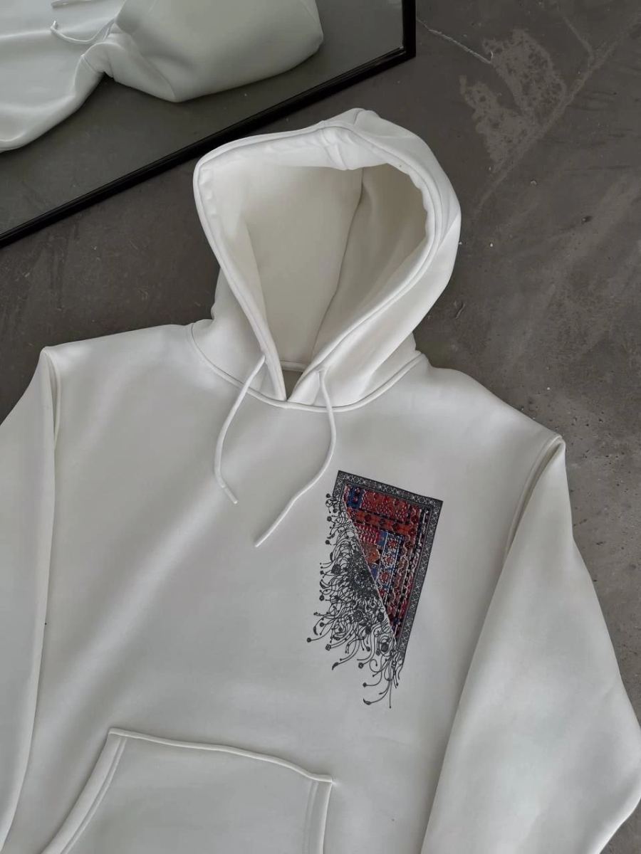 Kadın Kapüşonlu Kanguru Cepli Sweatshirt 3 İplik Pamuklu Baskılı Hoodie - Beyaz