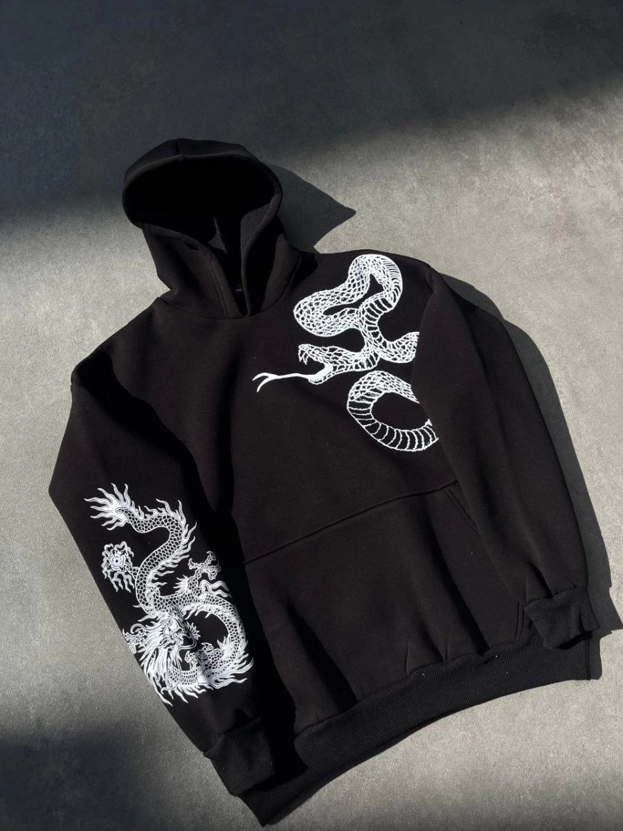 Kadın Oversize Kapüşonlu Cepli Baskılı 3 İplik Pamuklu Hoodie Sweatshirt - Siyah